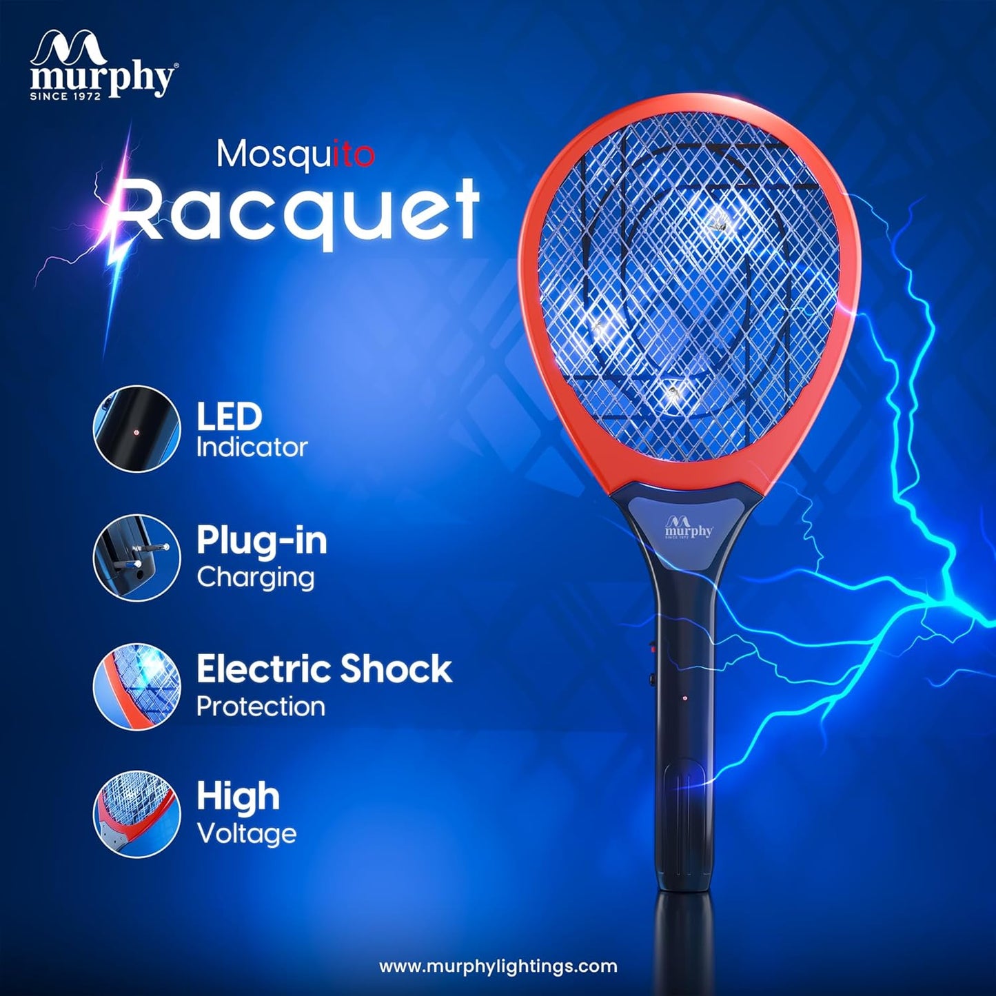 Murphy Electric Mosquito Racquet with 6 Months Warranty, Instant Kill, Greater Coverage Area, Made in India