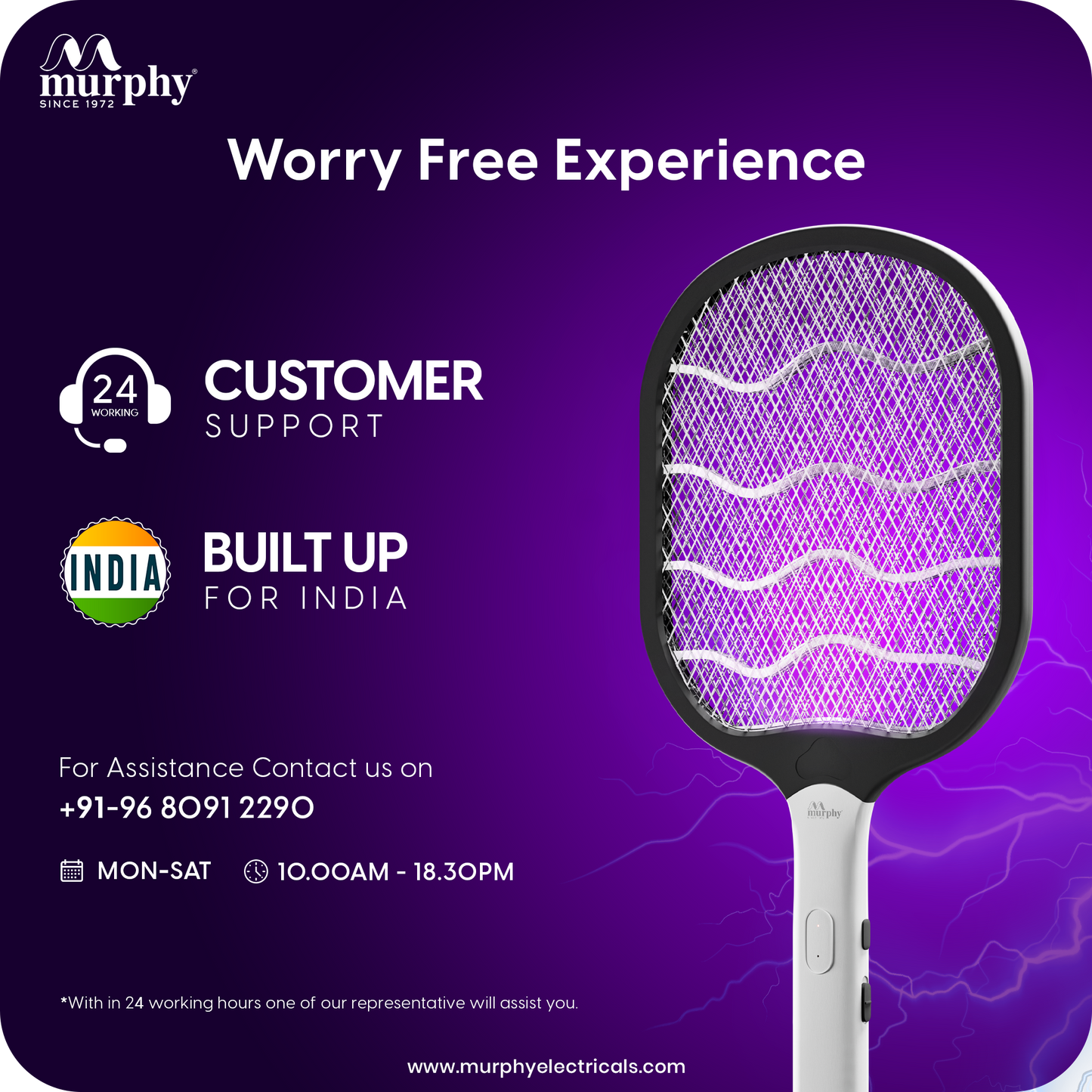 Murphy Smart UV Auto Kill Mosquito Racket with Stand | Type-C Fast Charging | 1200mAh Rechargeable Battery | Auto & Manual Mode | 3-Layer Safety Mesh | Instant Kill | 6 Months Warranty