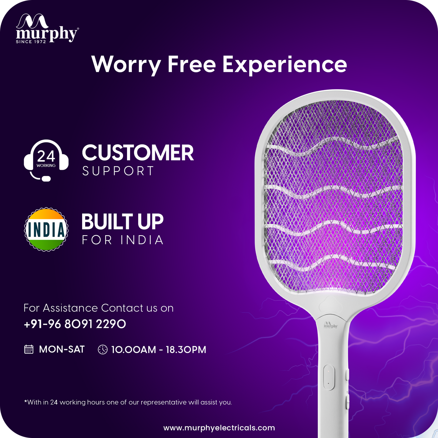 Murphy Smart UV Auto Kill Mosquito Racket with Stand | Type-C Fast Charging | 1200mAh Rechargeable Battery | Auto & Manual Mode | 3-Layer Safety Mesh | Instant Kill | 6 Months Warranty
