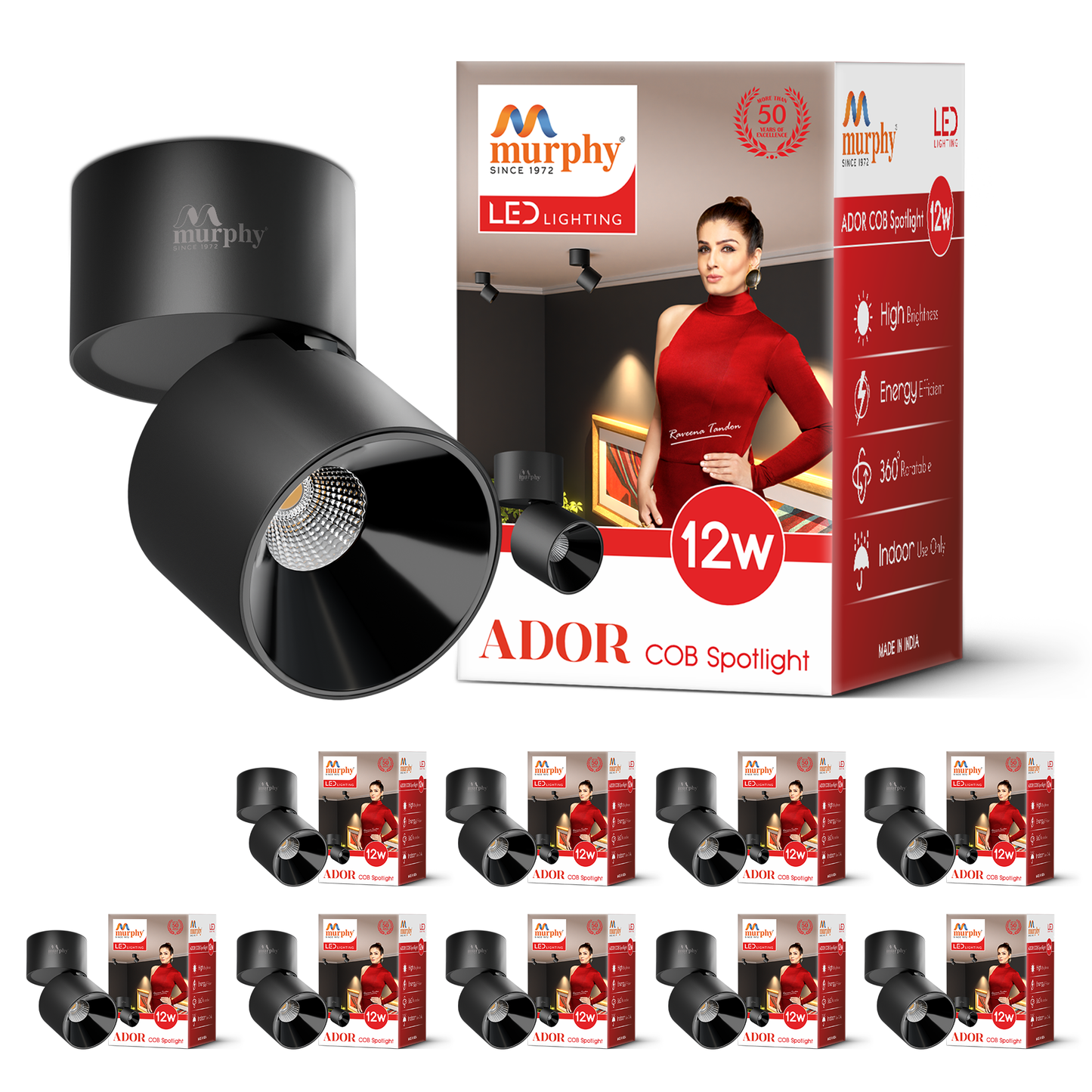 Murphy 12W Ador Black Body 360 Degree Adjustable LED Surface COB Surface Light