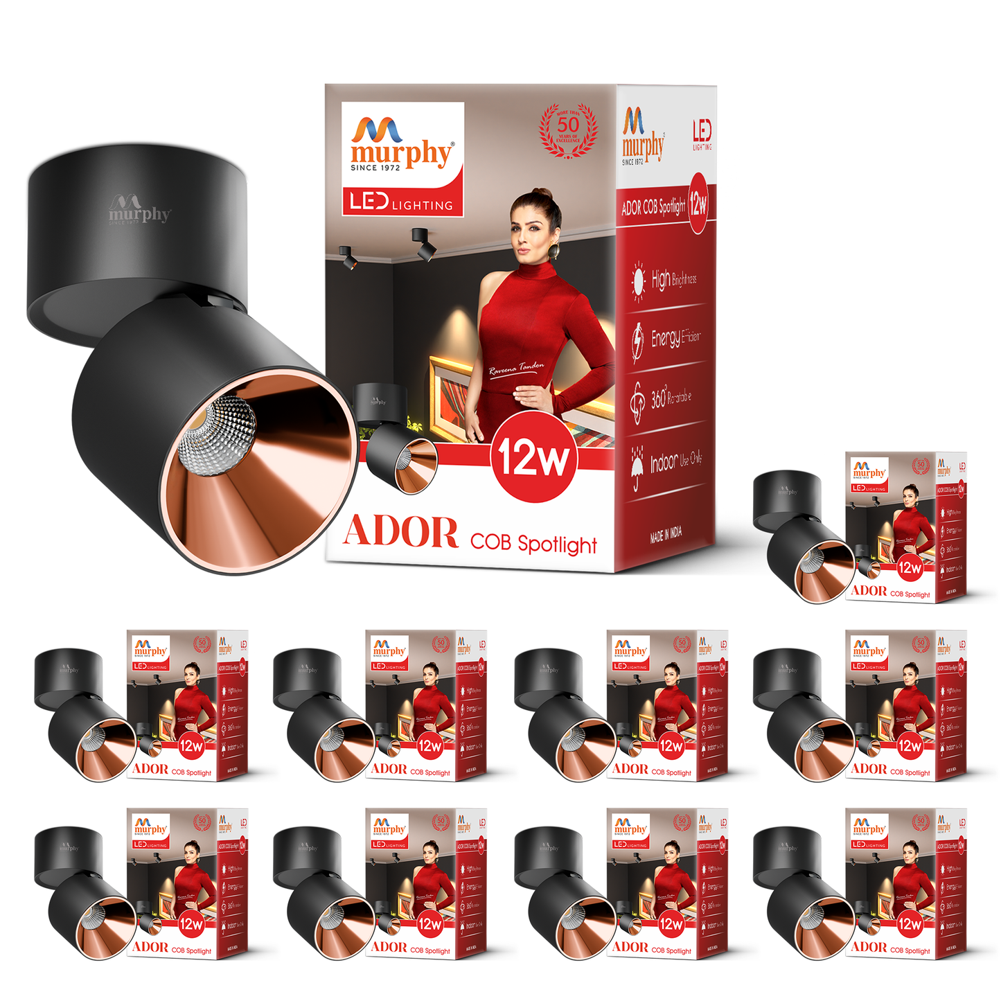 Murphy 12W Ador Black Body Reflective Rose Gold Finish 360 Degree Adjustable LED Surface COB Surface Light