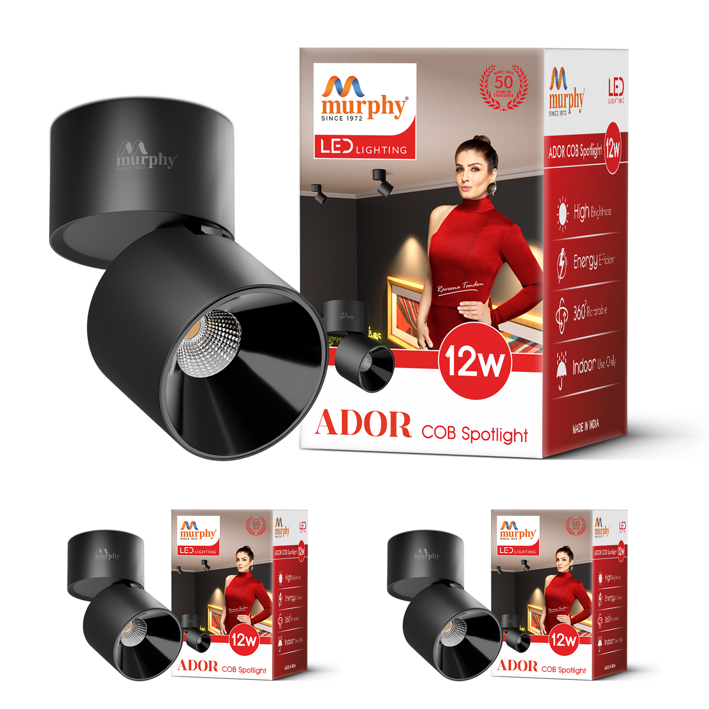 Murphy 12W Ador Black Body 360 Degree Adjustable LED Surface COB Surface Light
