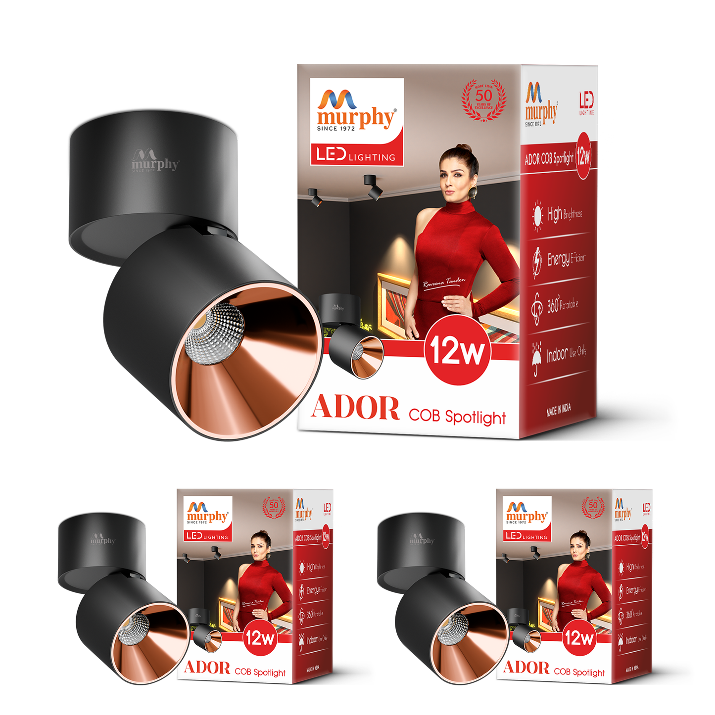 Murphy 12W Ador Black Body Reflective Rose Gold Finish 360 Degree Adjustable LED Surface COB Surface Light