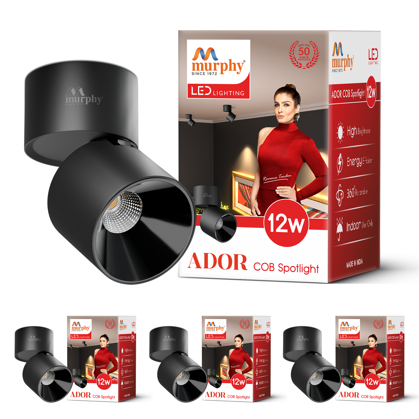 Murphy 12W Ador Black Body 360 Degree Adjustable LED Surface COB Surface Light
