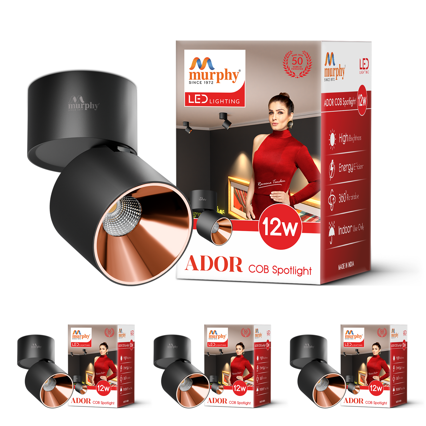 Murphy 12W Ador Black Body Reflective Rose Gold Finish 360 Degree Adjustable LED Surface COB Surface Light