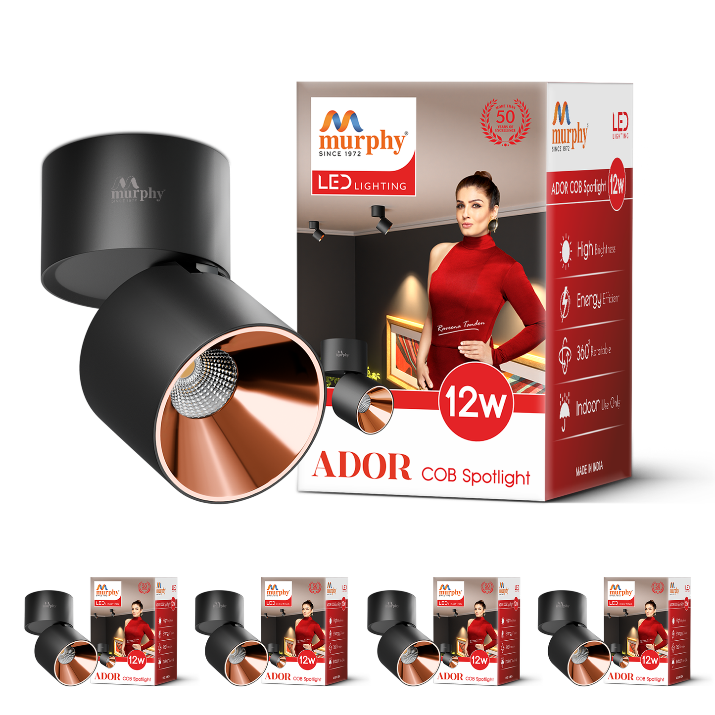 Murphy 12W Ador Black Body Reflective Rose Gold Finish 360 Degree Adjustable LED Surface COB Surface Light