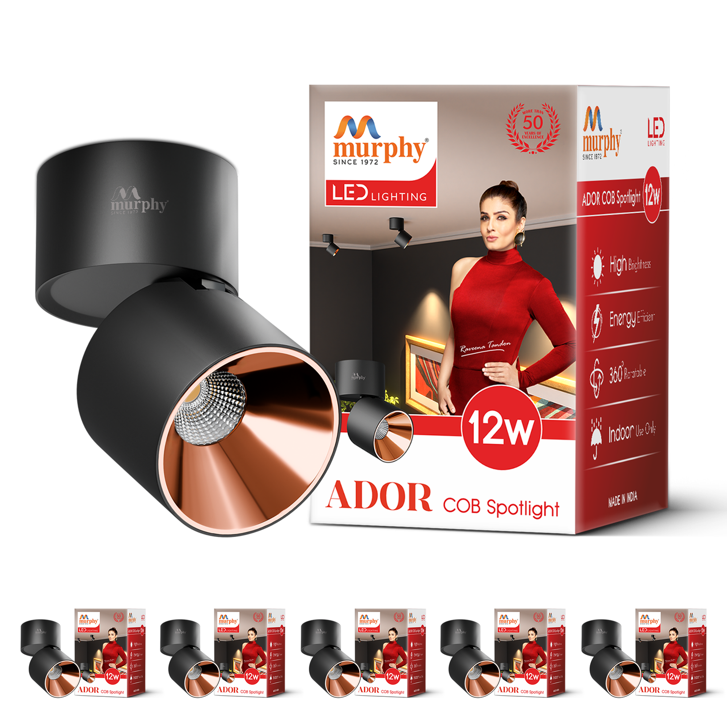 Murphy 12W Ador Black Body Reflective Rose Gold Finish 360 Degree Adjustable LED Surface COB Surface Light