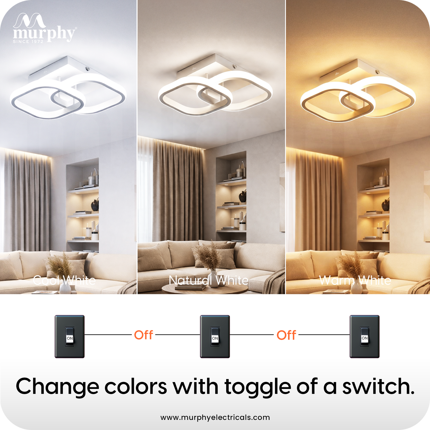 Murphy 22W LED Ceiling Light | Square Flush Mount | 3 Colour Change (Warm, Natural, Cool)