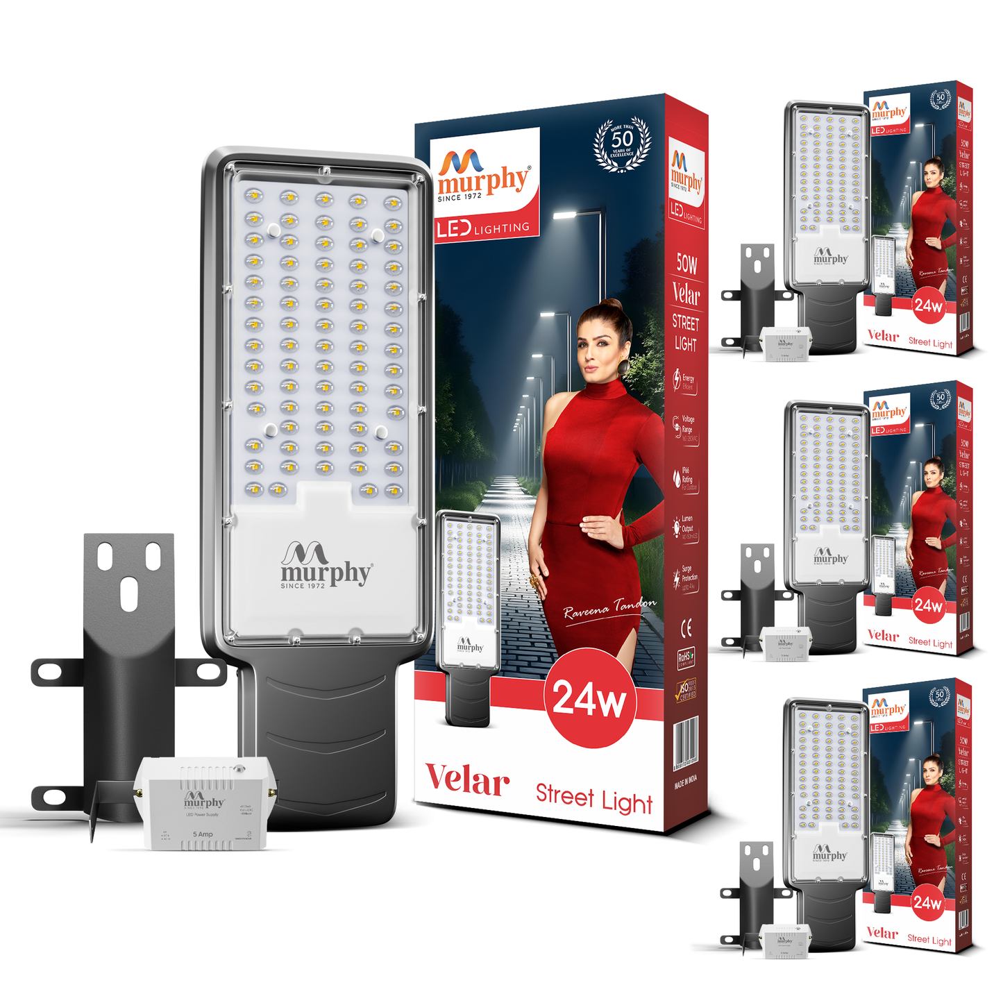 Murphy Velar 24W LED Street Light with Auto On/Off Day Night Sensor | Aluminium Body | IP66 Waterproof | 2400 Lumens | 6500K Cool White | | BIS Certified | 2-Year Warranty