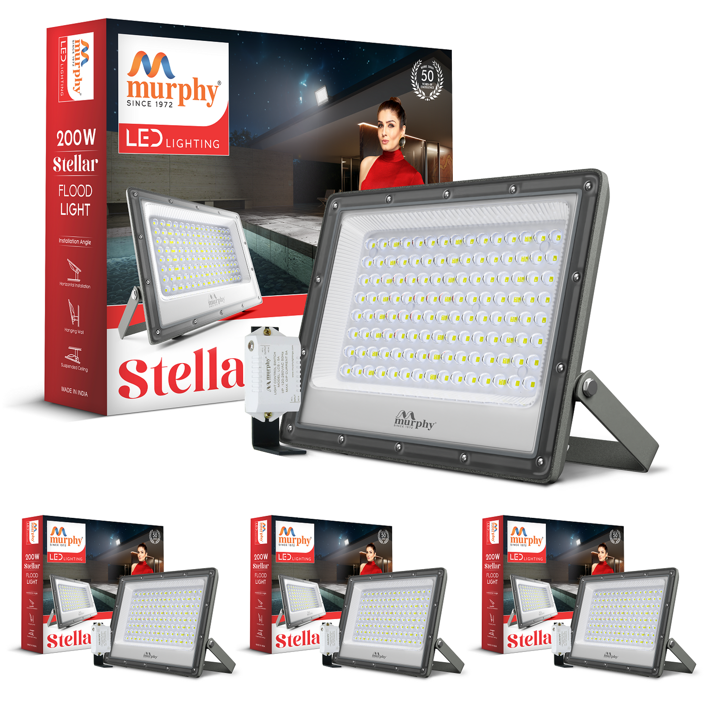 Murphy Stellar 200W LED Flood Light with Auto Day-Night Sensor | Ultra-Bright 6500K Cool White | IP66 Waterproof & Surge Protected | High Lumen Outdoor Security Light for Factory