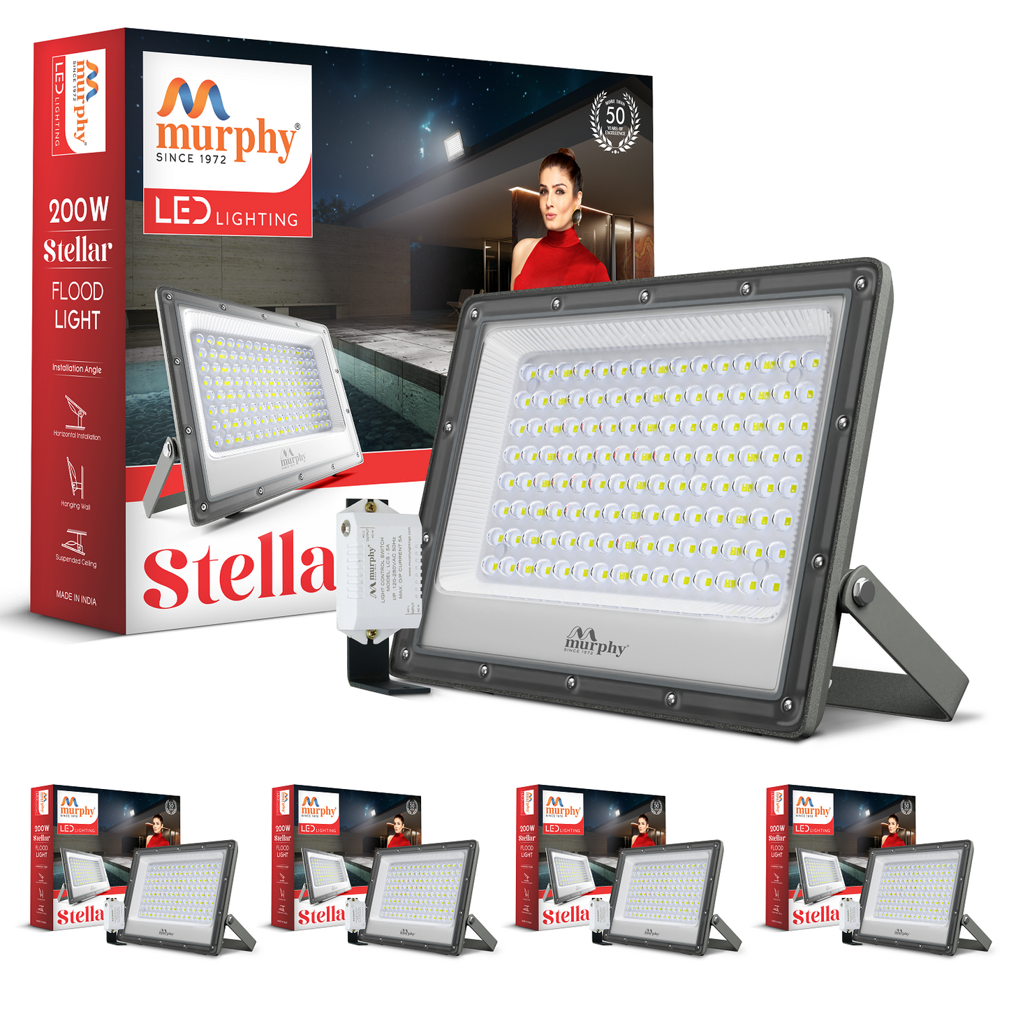 Murphy Stellar 200W LED Flood Light with Auto Day-Night Sensor | Ultra-Bright 6500K Cool White | IP66 Waterproof & Surge Protected | High Lumen Outdoor Security Light for Factory