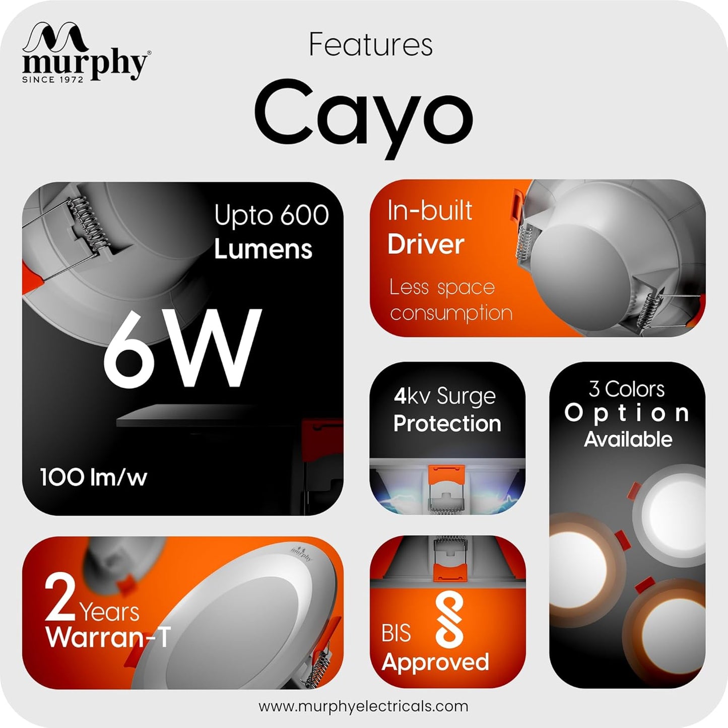 Murphy Cayo 6W LED Downlight for Ceiling Round Light | Inbuilt Driver | Suited for 3 inch Junction Box | 600 Lumens | BIS Approved | 2 Year Warranty
