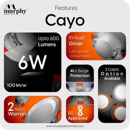 Murphy Cayo 6W LED Downlight for Ceiling Round Light | Inbuilt Driver | Suited for 3 inch Junction Box | 600 Lumens | BIS Approved | 2 Year Warranty