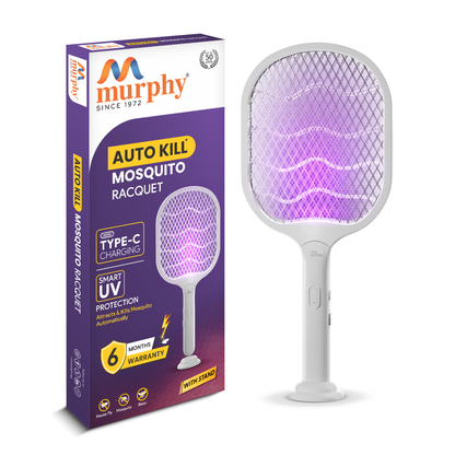 Murphy Smart UV Auto Kill Mosquito Racket with Stand | Type-C Fast Charging | 1200mAh Rechargeable Battery | Auto & Manual Mode | 3-Layer Safety Mesh | Instant Kill | 6 Months Warranty