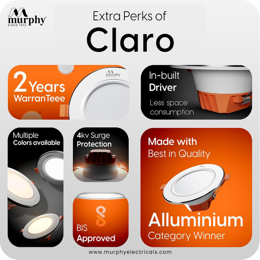 Murphy Claro 9W Concealed LED Downlight Aluminium Finish | Eye-Caring & Long-Lasting Brightness | 2 Years Warranty | Suited for 3 Inch Junction Box