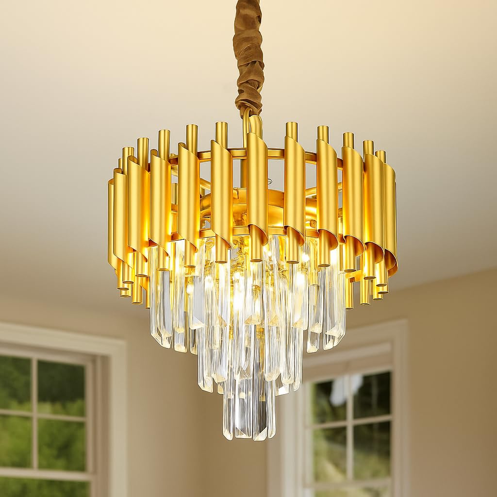 Murphy Black & Gold Crystal Pendant Light| 12 Inch Round Luxury Ceiling Chandelier with Metal Frame & Crystal Tubes for Living Room, Dining Room, Bedroom & Hall