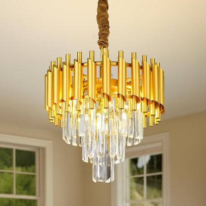 Murphy Black & Gold Crystal Pendant Light| 12 Inch Round Luxury Ceiling Chandelier with Metal Frame & Crystal Tubes for Living Room, Dining Room, Bedroom & Hall