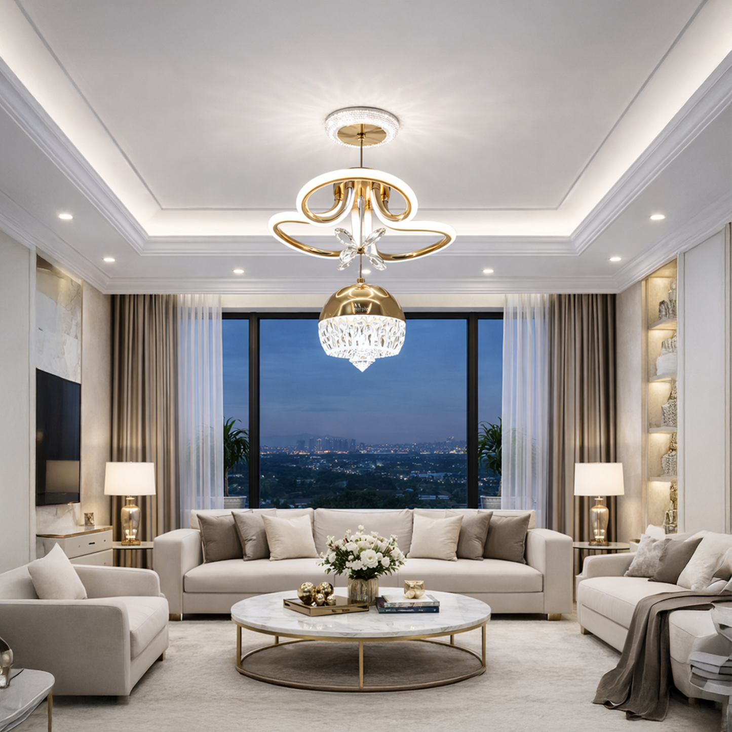 Modern LED Crystal Pendant Chandelier 3 in 1 Color Changing | Adjustable Gold Hanging Ceiling Light for Living Room, Bedroom, Dining Room & Hallway