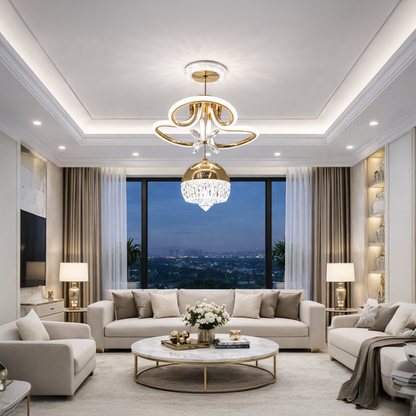 Modern LED Crystal Pendant Chandelier 3 in 1 Color Changing | Adjustable Gold Hanging Ceiling Light for Living Room, Bedroom, Dining Room & Hallway