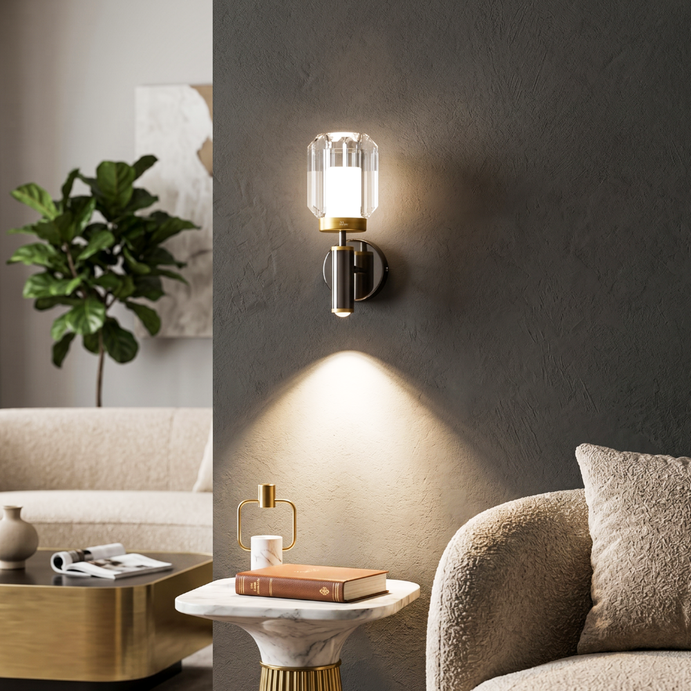 Murphy Opal Crystal 6+3W LED Wall Light with Spot Light, 3C Color Changing (Warm/Natural/Cool White), Gunmetal Golden Finish, Metal & Glass Wall Lamp, BIS Approved, 2 Year Warranty