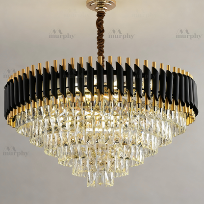 Murphy Black & Gold Crystal Pendant Light| 12 Inch Round Luxury Ceiling Chandeliers with Metal Frame & Crystal Tubes for Living Room, Dining Room, Bedroom & Hall