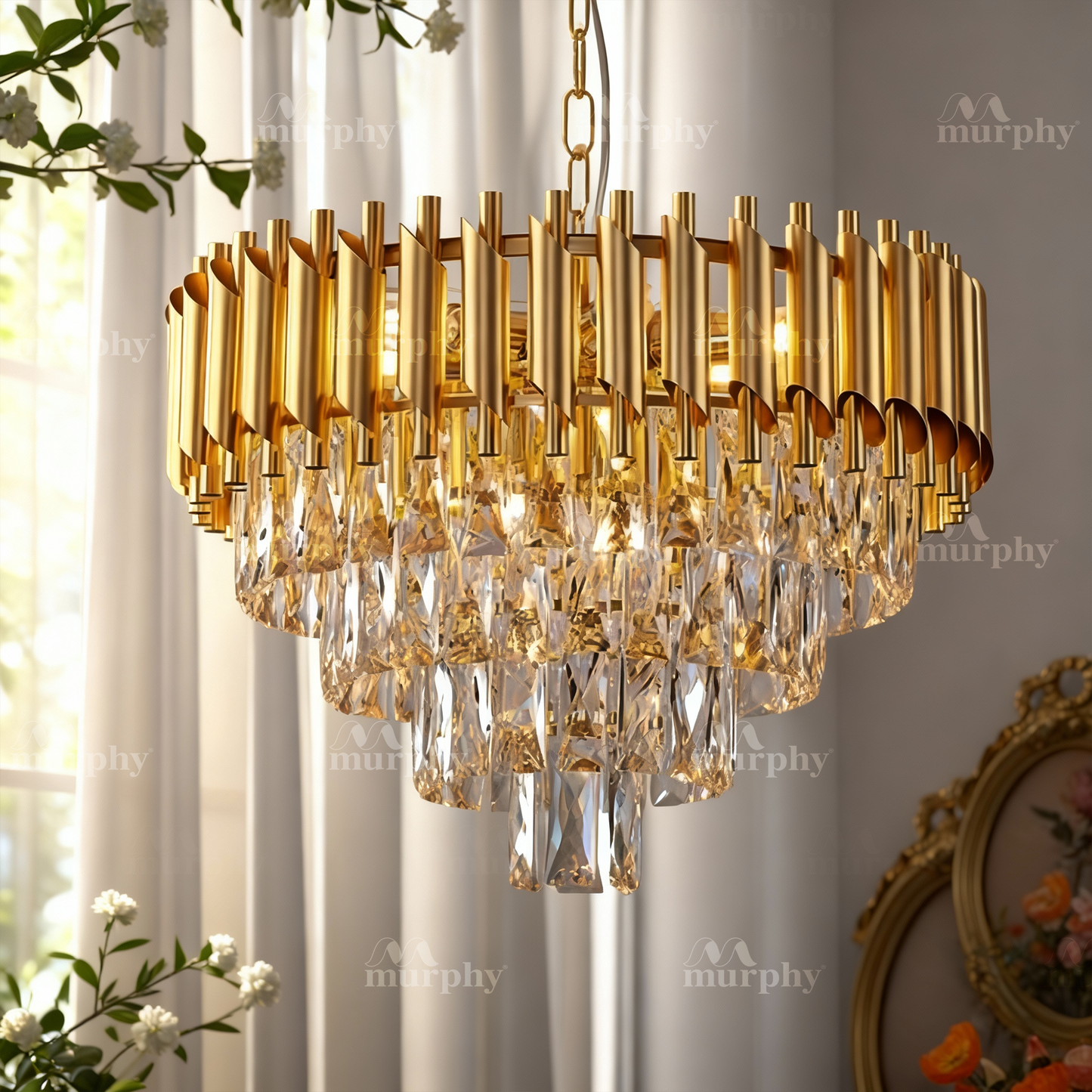 Murphy Black & Gold Crystal Pendant Light| 12 Inch Round Luxury Ceiling Chandeliers with Metal Frame & Crystal Tubes for Living Room, Dining Room, Bedroom & Hall