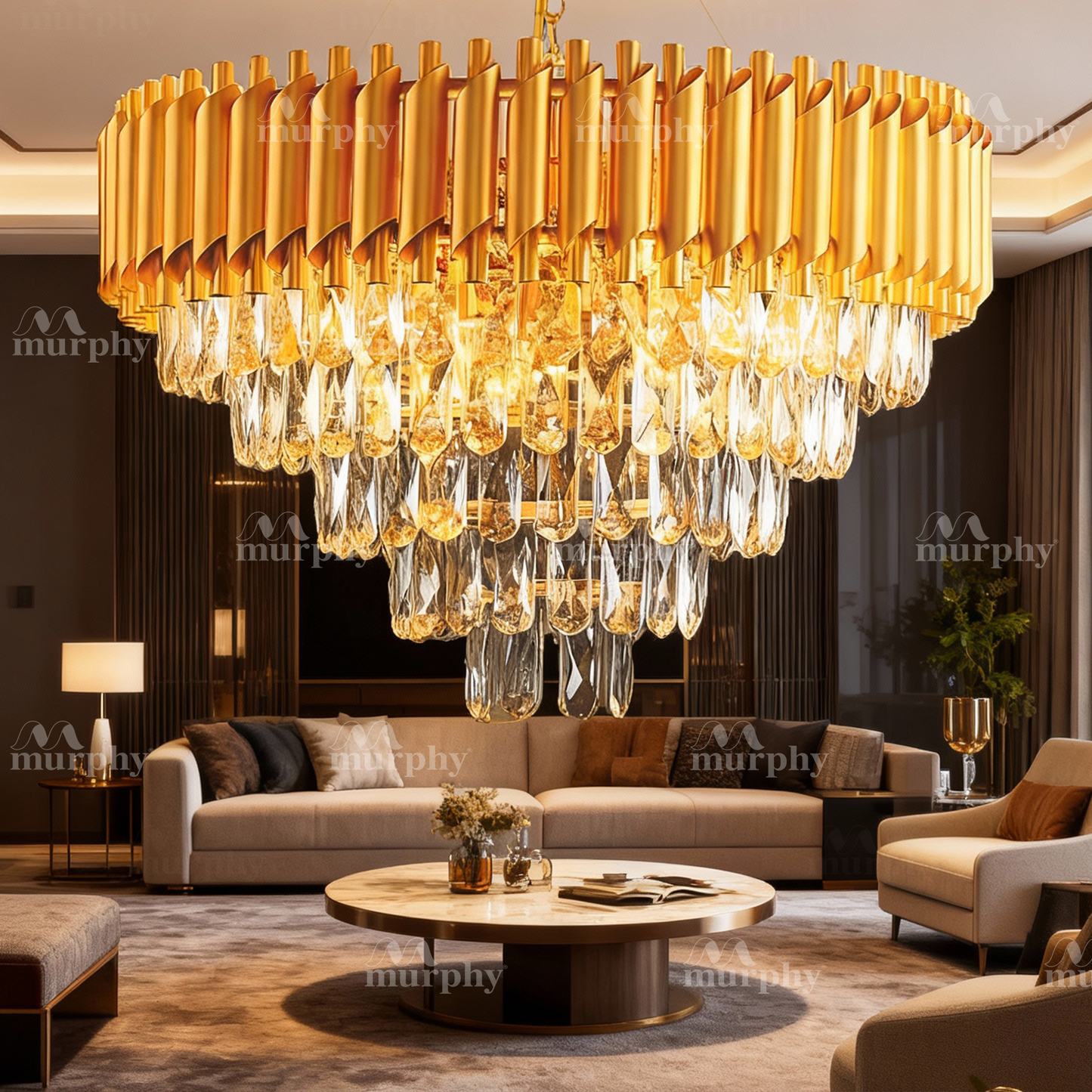 Murphy Black & Gold Crystal Pendant Light| 12 Inch Round Luxury Ceiling Chandeliers with Metal Frame & Crystal Tubes for Living Room, Dining Room, Bedroom & Hall