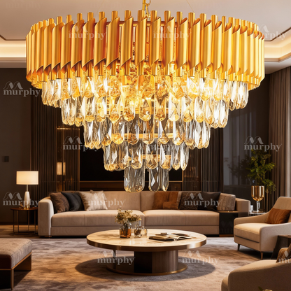 Murphy Black & Gold Crystal Pendant Light| 12 Inch Round Luxury Ceiling Chandeliers with Metal Frame & Crystal Tubes for Living Room, Dining Room, Bedroom & Hall