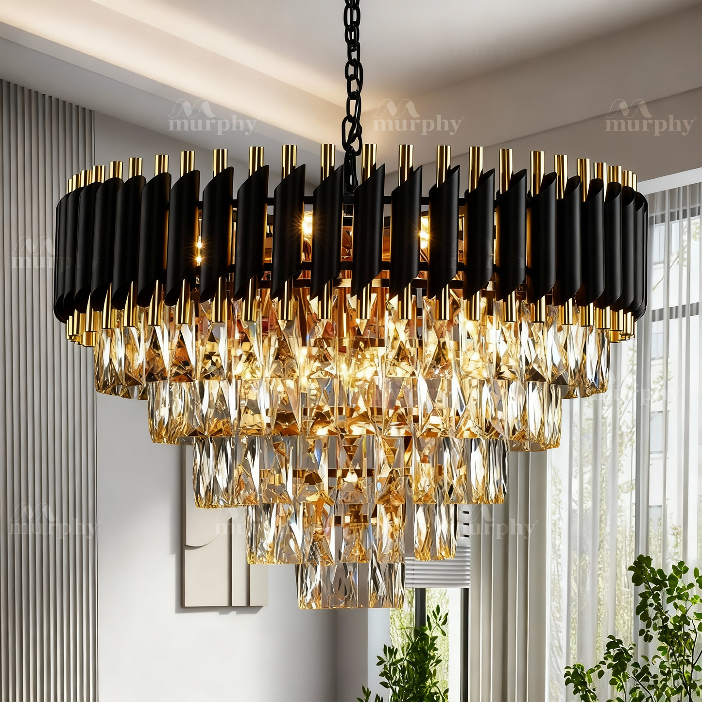 Murphy Black & Gold Crystal Pendant Light| 12 Inch Round Luxury Ceiling Chandeliers with Metal Frame & Crystal Tubes for Living Room, Dining Room, Bedroom & Hall