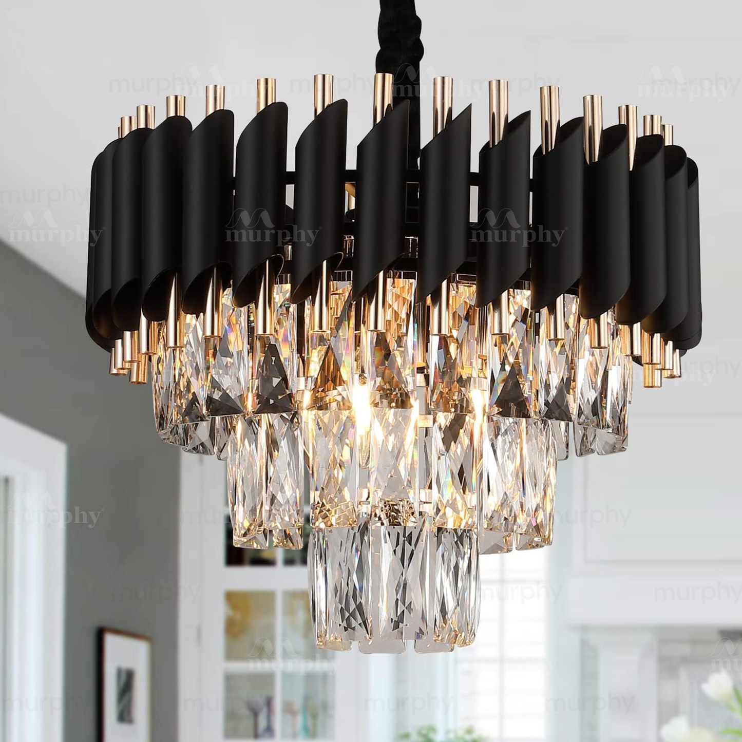 Murphy Black & Gold Crystal Pendant Light | Luxury Chandelier | Crystal Tube Design | Premium Ceiling Light