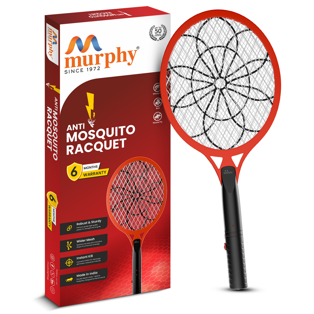 Murphy Anti Mosquito Racket with LED Torch | Rechargeable Electric Mosquito Bat | High Power Insect Killer Racket | 6 Months Warranty | Made in India