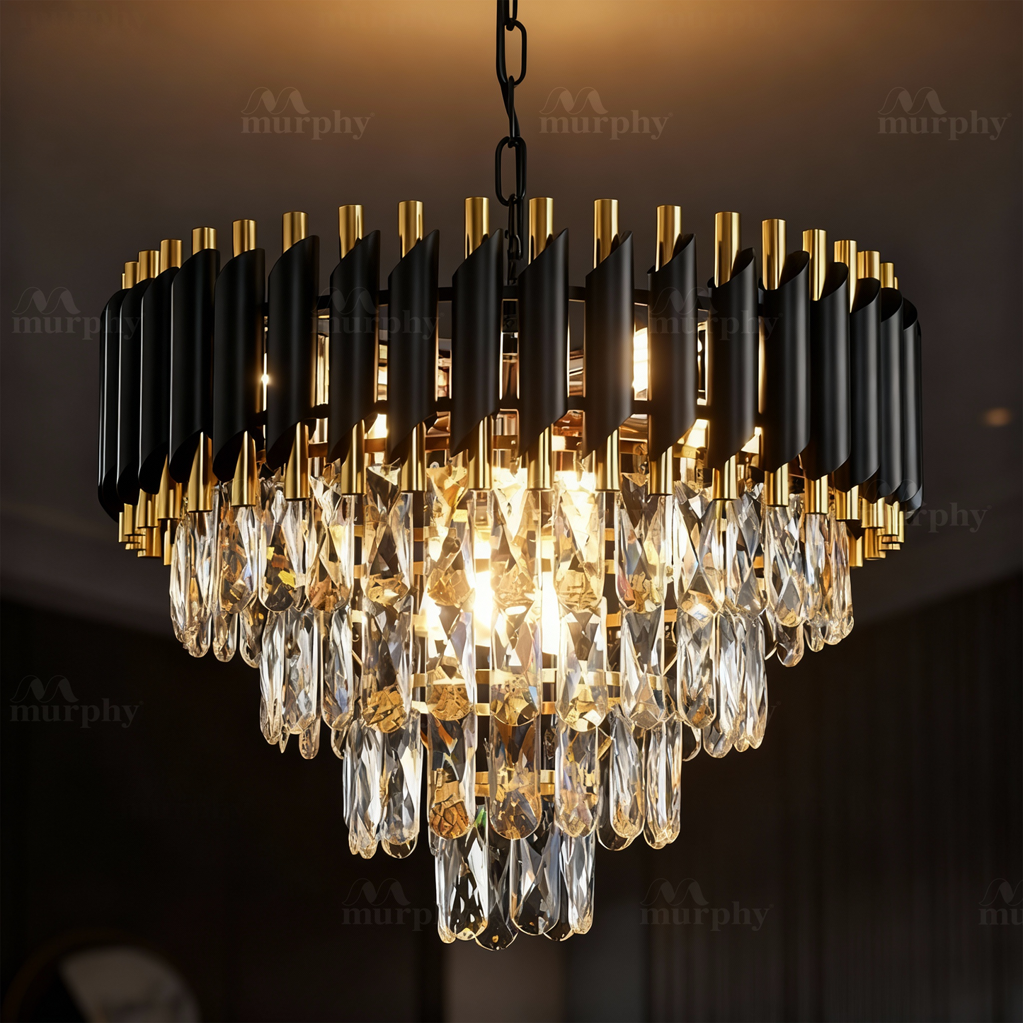 Murphy Black & Gold Crystal Pendant Light| 12 Inch Round Luxury Ceiling Chandeliers with Metal Frame & Crystal Tubes for Living Room, Dining Room, Bedroom & Hall