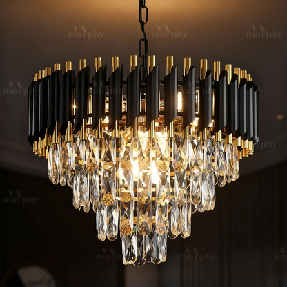 Murphy Black & Gold Crystal Pendant Light| 12 Inch Round Luxury Ceiling Chandeliers with Metal Frame & Crystal Tubes for Living Room, Dining Room, Bedroom & Hall