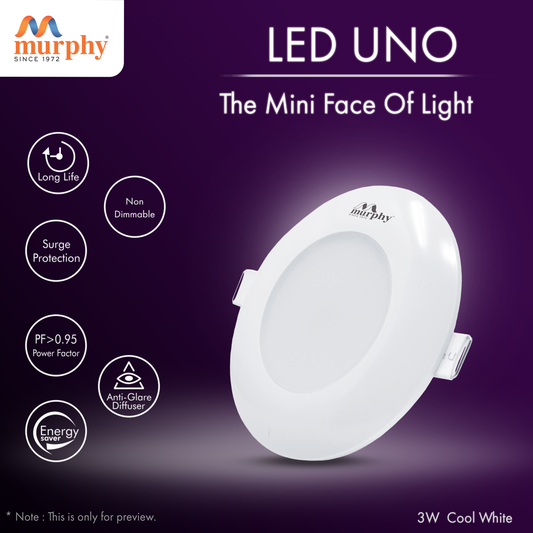 Murphy LED Uno 3W Round Deep Junction Box Light for False Ceiling | Cool White Mini Downlight | Anti-Glare Diffuser | Surge Protection | 45mm Cutout | 2 Years Warranty |Pack of 1