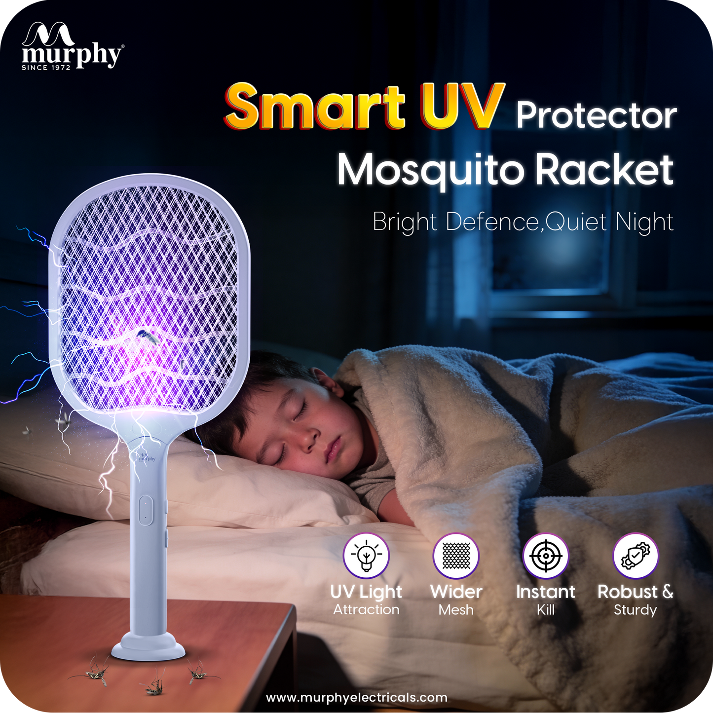 Murphy Smart UV Auto Kill Mosquito Racket with Stand | Type-C Fast Charging | 1200mAh Rechargeable Battery | Auto & Manual Mode | 3-Layer Safety Mesh | Instant Kill | 6 Months Warranty