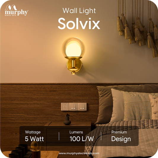 Murphy Solvix 5W Decorative LED Wall Light | 3 in 1 Colour Change | Premium Golden Finish | Aluminium Body | Borosilicate Glass |