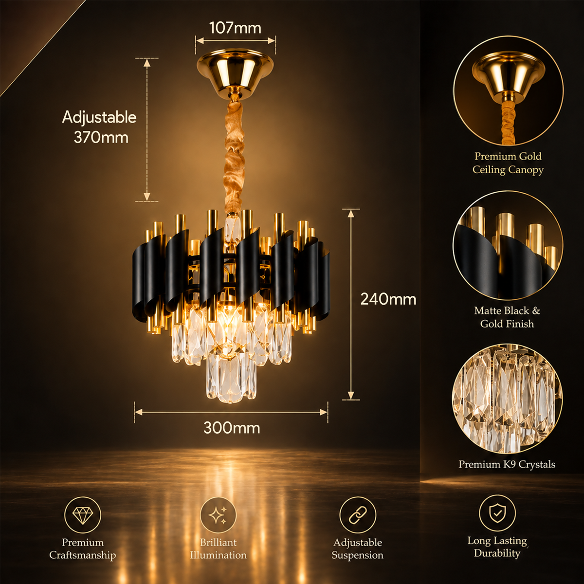 Murphy Luxury Crystal Chandelier | Black Gold Pendant Ceiling Light