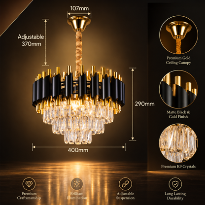 Murphy Luxury Crystal Chandelier | Black Gold Pendant Ceiling Light