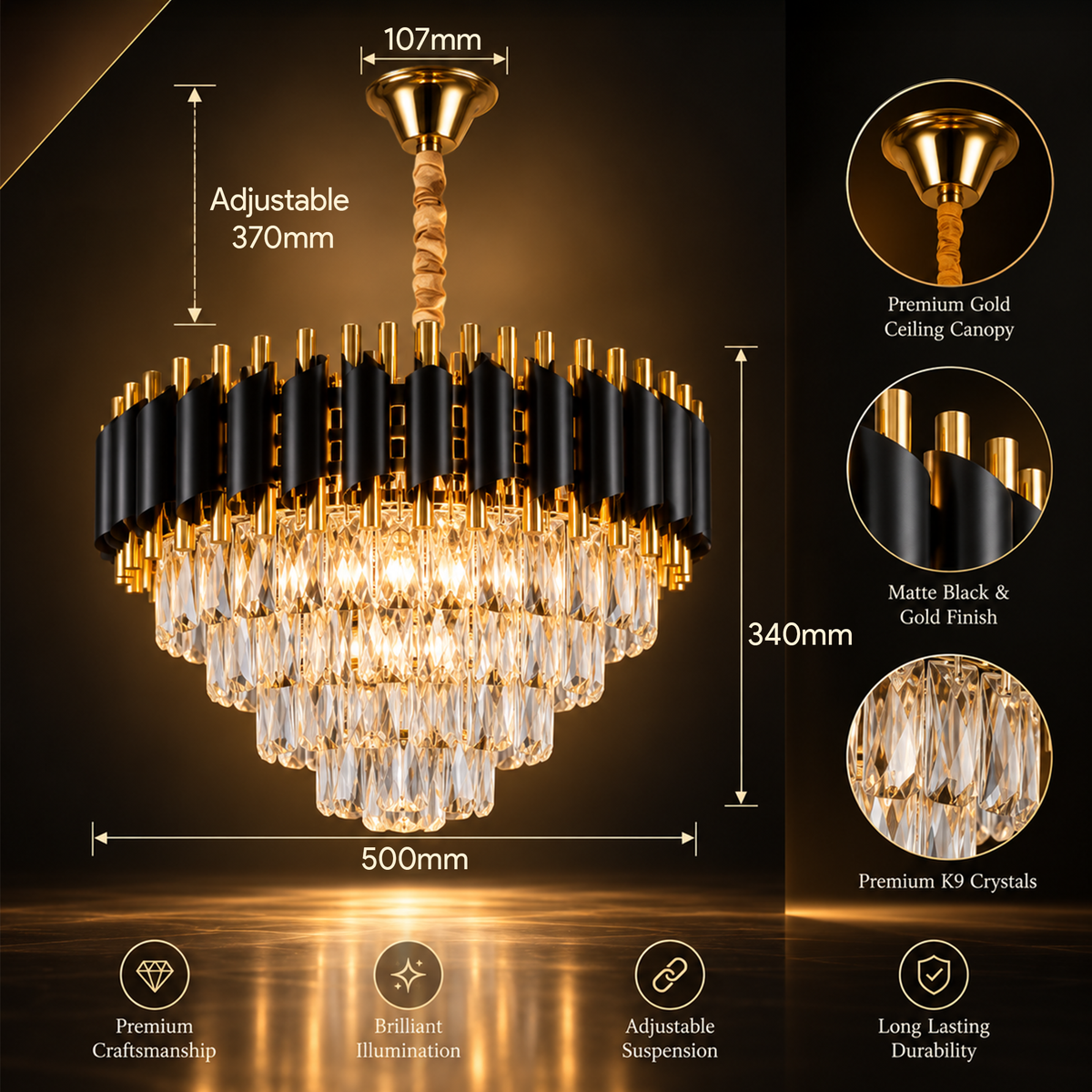 Murphy Luxury Crystal Chandelier | Black Gold Pendant Ceiling Light