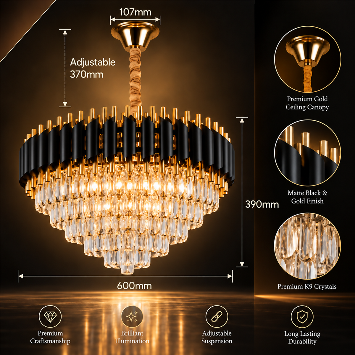 Murphy Luxury Crystal Chandelier | Black Gold Pendant Ceiling Light