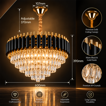 Murphy Luxury Crystal Chandelier | Black Gold Pendant Ceiling Light