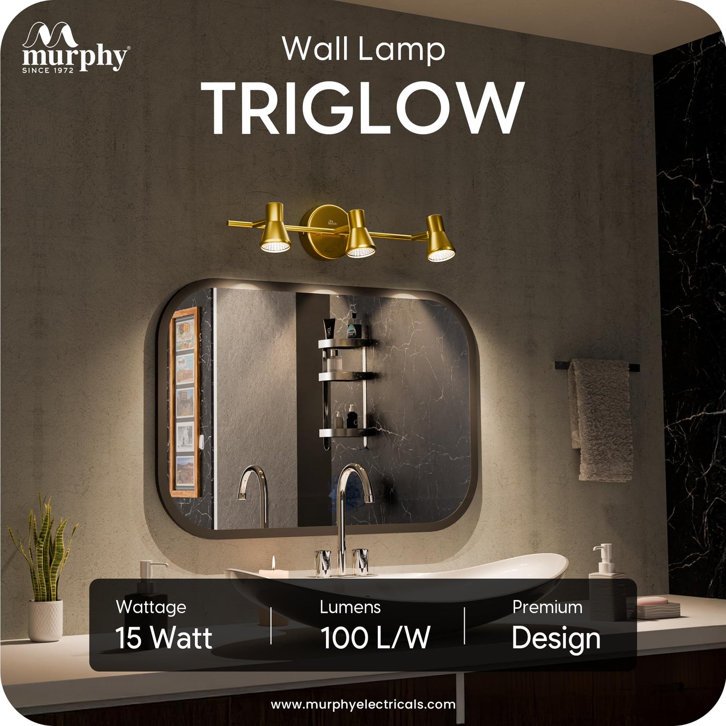 Murphy TriGlow 3x5W LED Wall Track Light, 3C Color Changing (CW/WW/NW), Golden Finish, Adjustable 3 Spotlight Fixture, 15W Indoor Wall Lamp for Living Room & Home Office