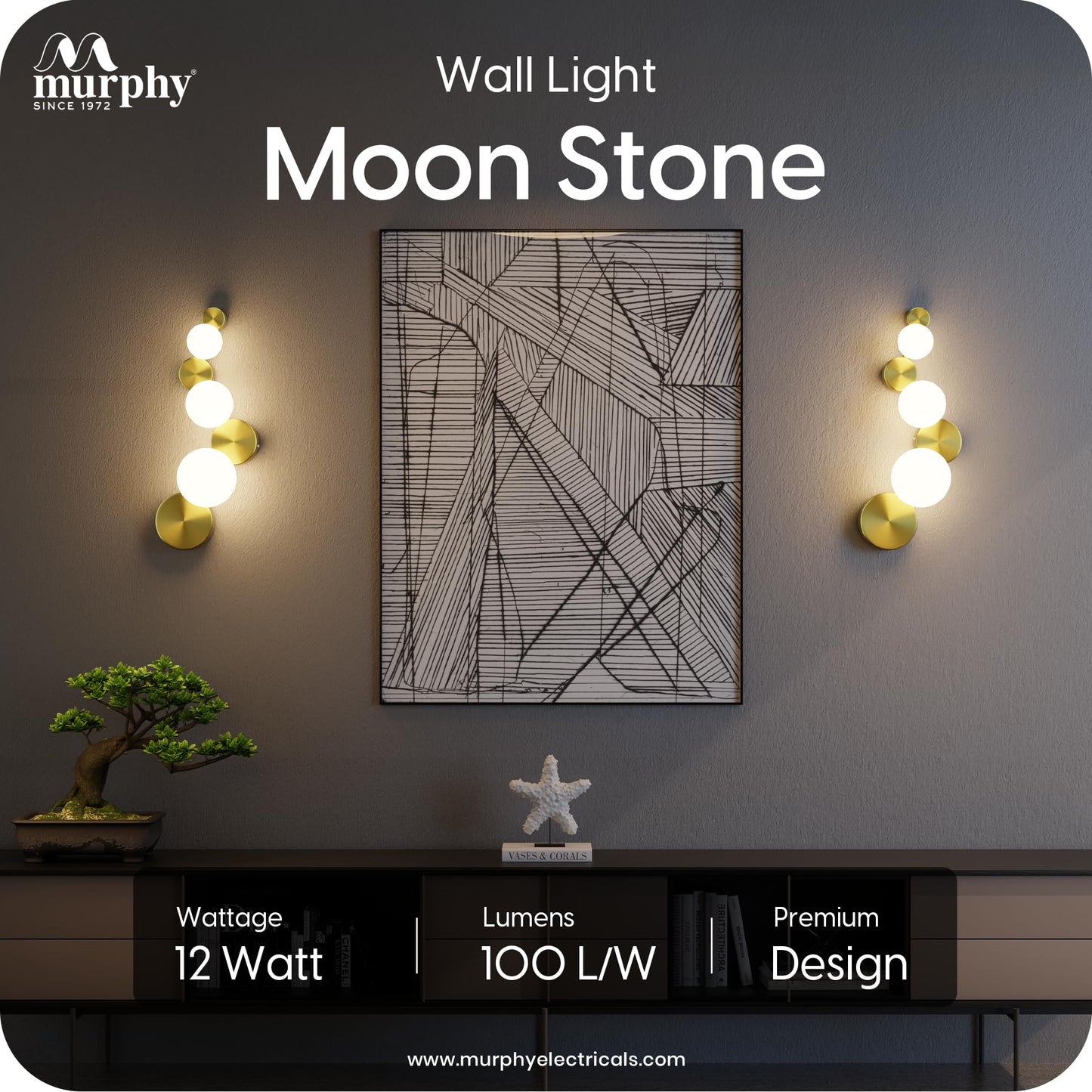 Murphy Moon Stone 12W LED Wall Light | 3 Color | Gold Finish |
