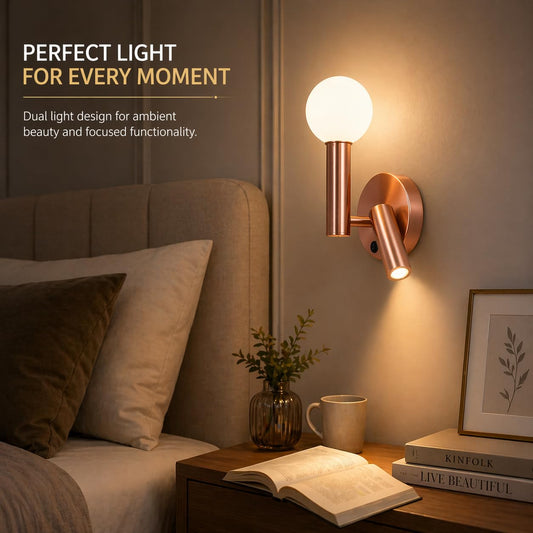 Murphy TWINOVA 6+3W LED Wall Light with Spot Light, 3C Color Changing (Warm/Natural/Cool White), Rose Gold Finish, Metal & Acrylic Wall Lamp, BIS Approved, 2 Year Warranty