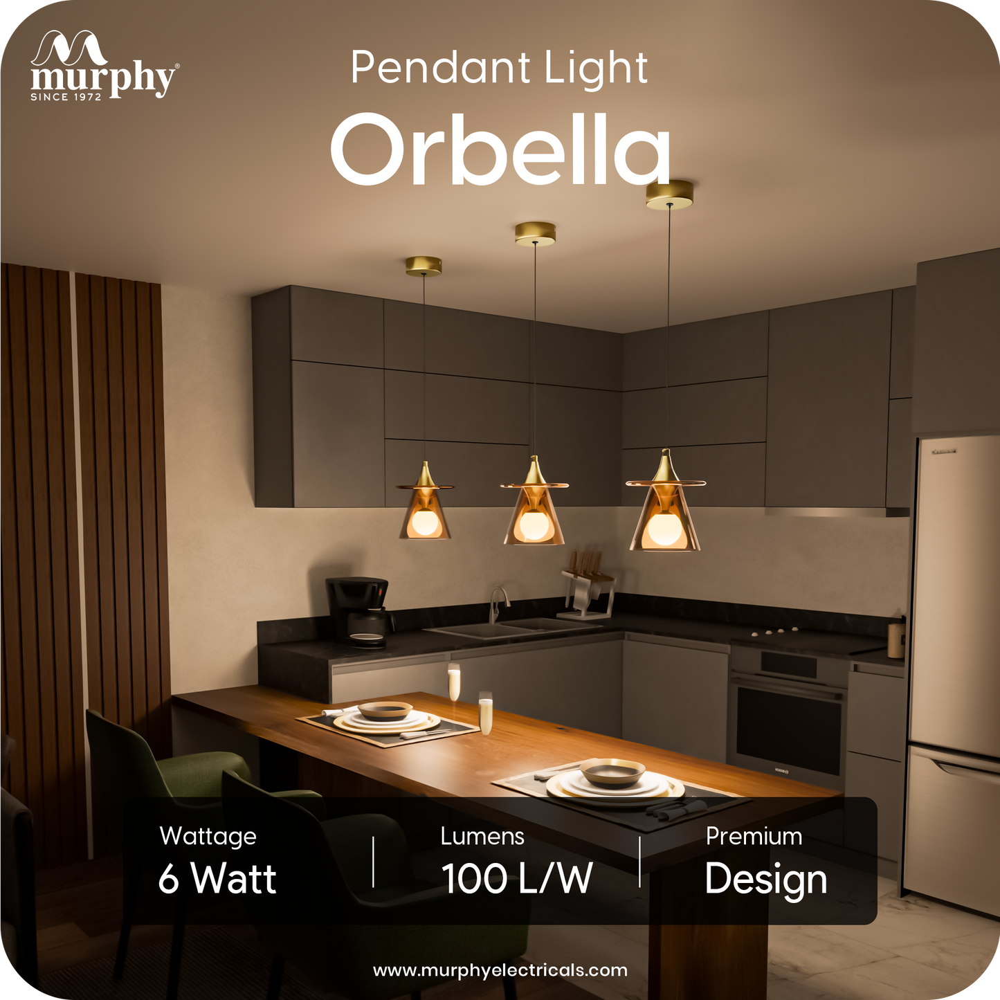 Murphy ORBELLA Pendant 6W LED Hanging Light | 3C Color Changing Warm/Natural/Cool White | Golden Finish Metal & Acrylic | Ceiling Lamp | BIS Approved | 2 Year Warranty