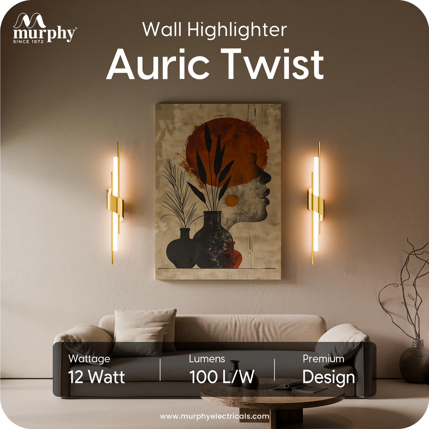 Murphy Auric Twist 12W Decorative LED Wall Lamp | Warm White Wall Light | Premium Gold Finish | Modern Wall Sconce for Living Room, Bedroom & Hallway | 2 Year Warranty