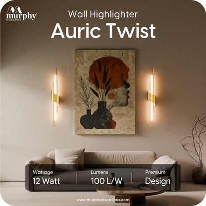 Murphy Auric Twist 12W Decorative LED Wall Lamp | Warm White Wall Light | Premium Gold Finish | Modern Wall Sconce for Living Room, Bedroom & Hallway | 2 Year Warranty