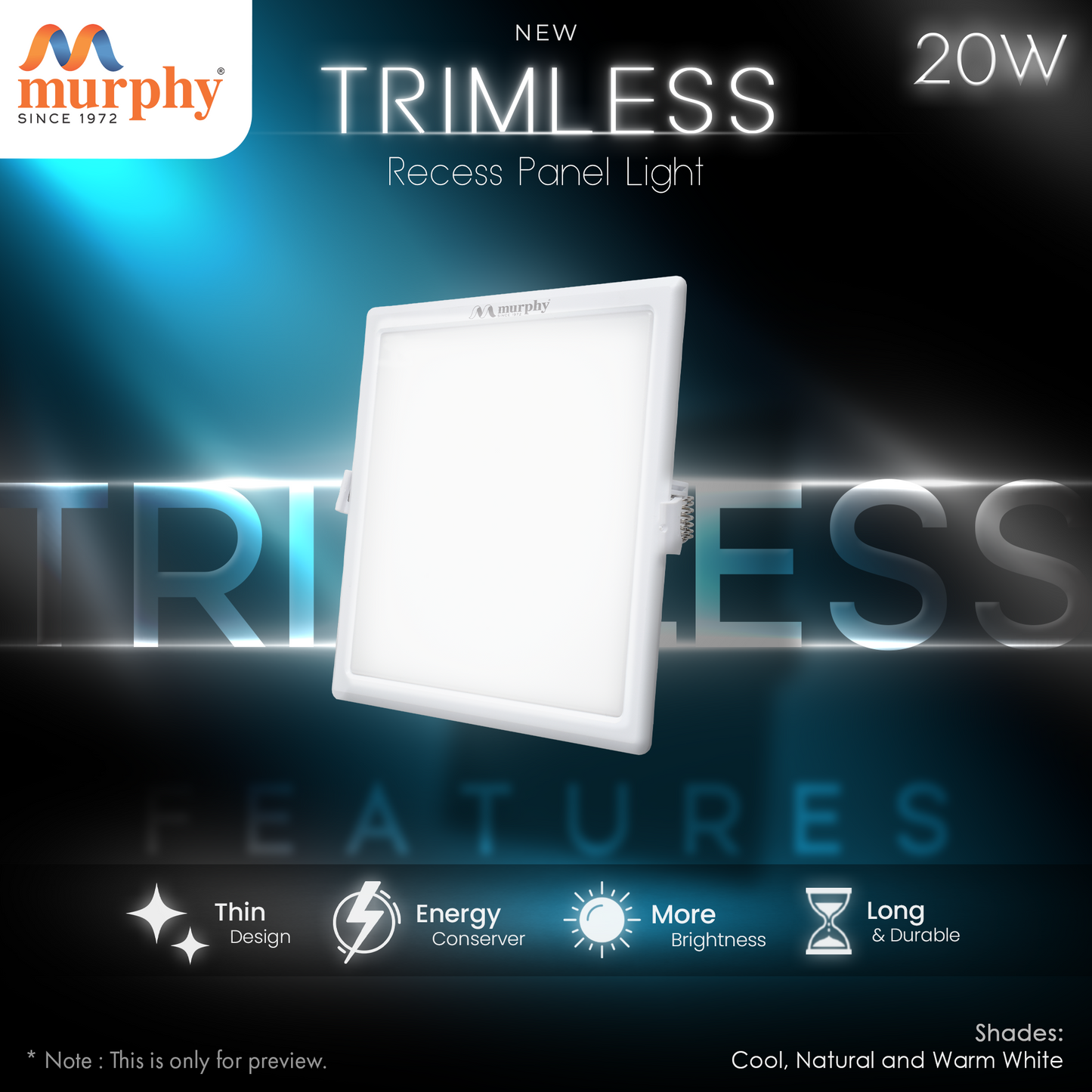 Murphy 20W Trimless Square Recess Panel Light