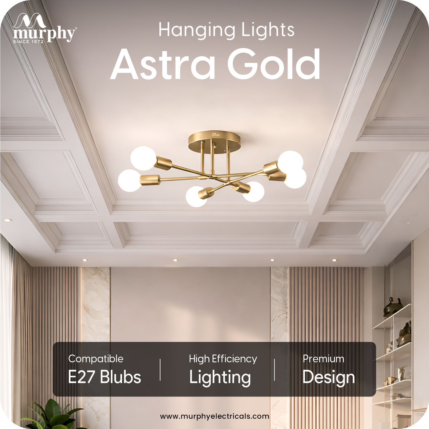 Murphy 6-Light Modern Gold Chandelier Ceiling Light | E27 Bulb Compatible Metal Fixture for Living Room, Bedroom & Dining Area (Bulb Not Included)
