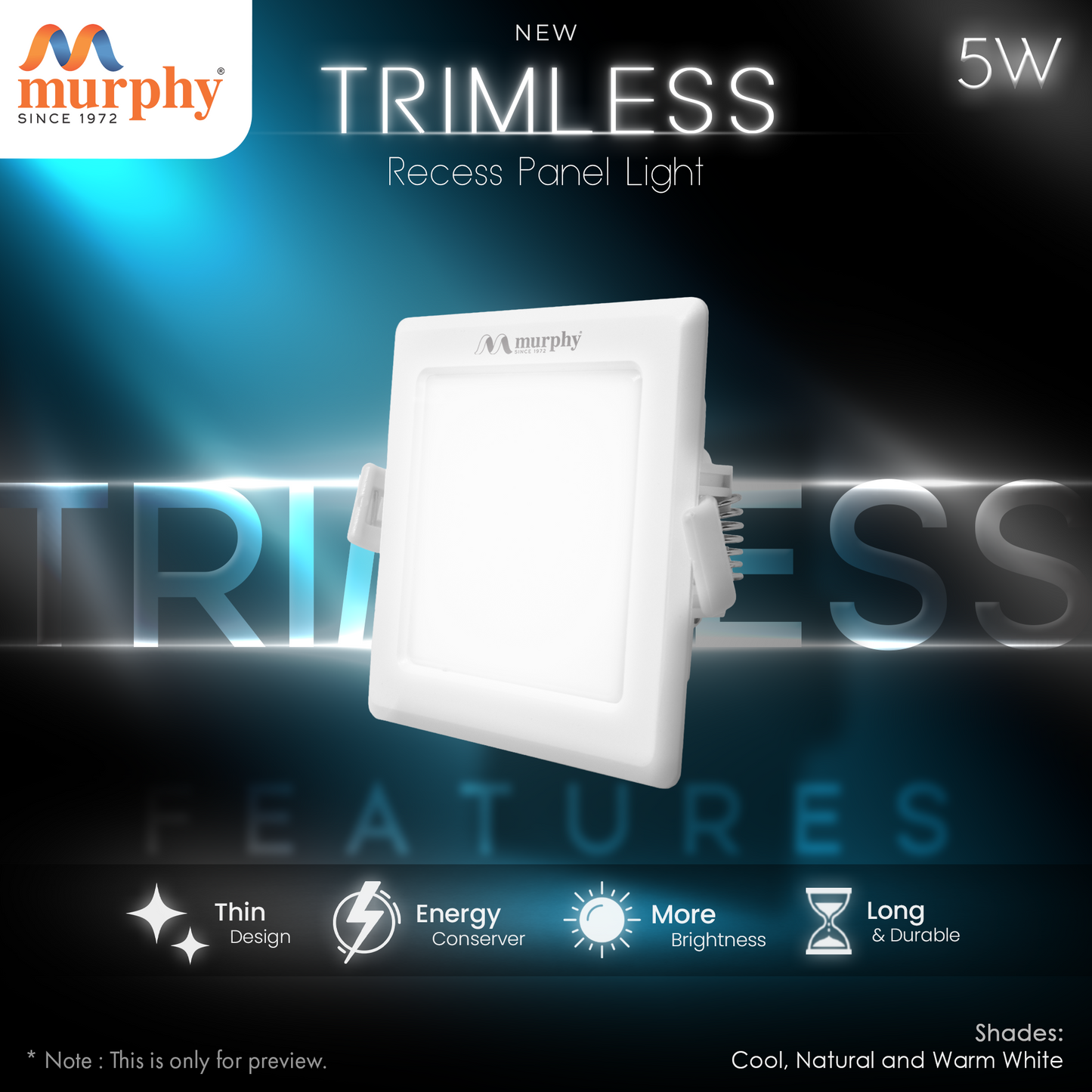 Murphy 5W Trimless Square Recess Panel Light